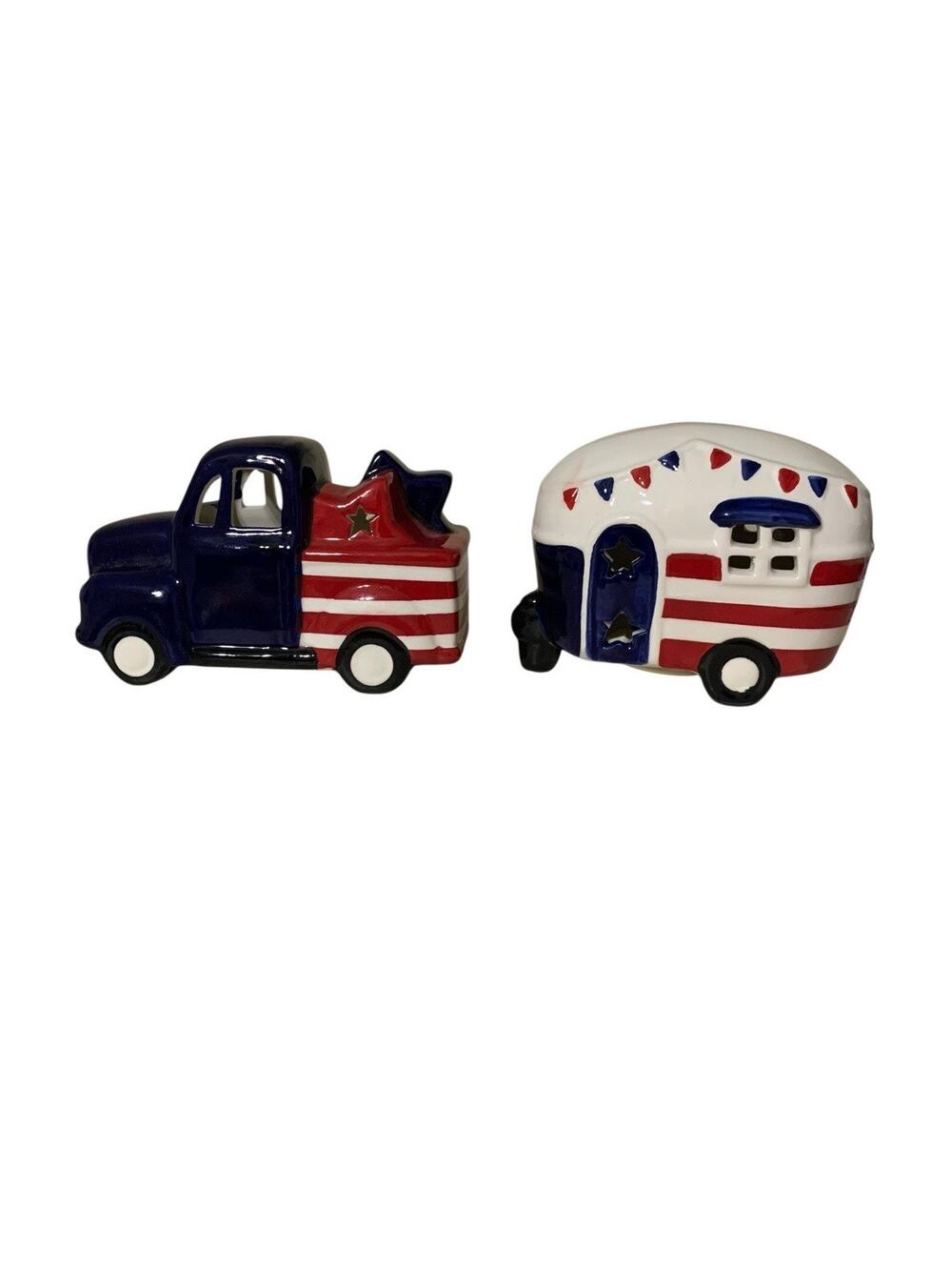 Patriotic LIGHTED Farmhouse Truck &‎ Retro Camper Ceramic July 4th Americana